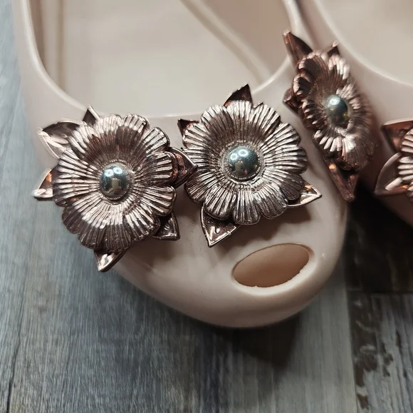 Melissa Flats Balerina Ultragirl Light Pink with Copper Flowers Womens 7 - Picture 2 of 8